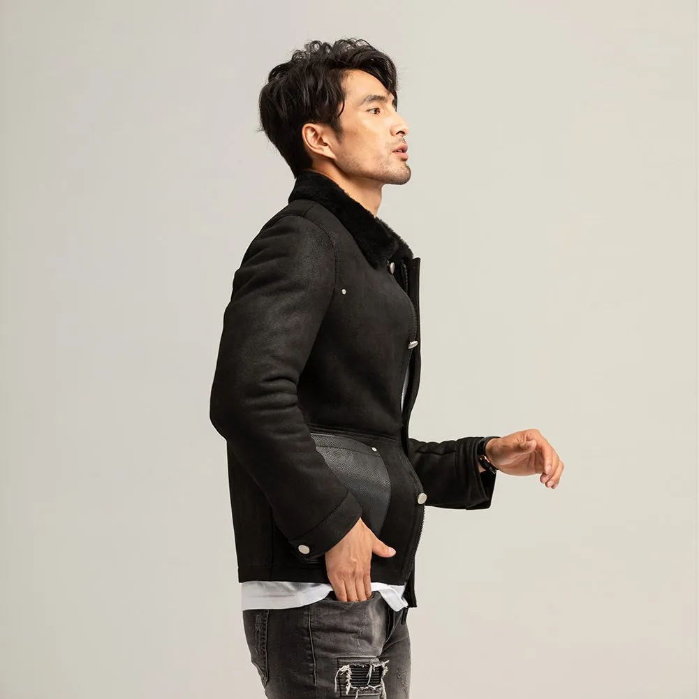 Men Black Shearling bomber Aviator Jacket