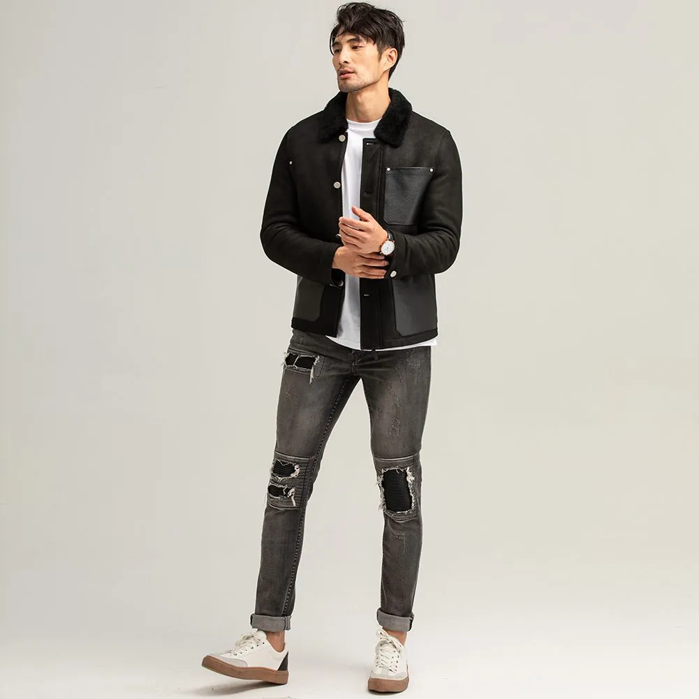 Men Black Shearling bomber Aviator Jacket