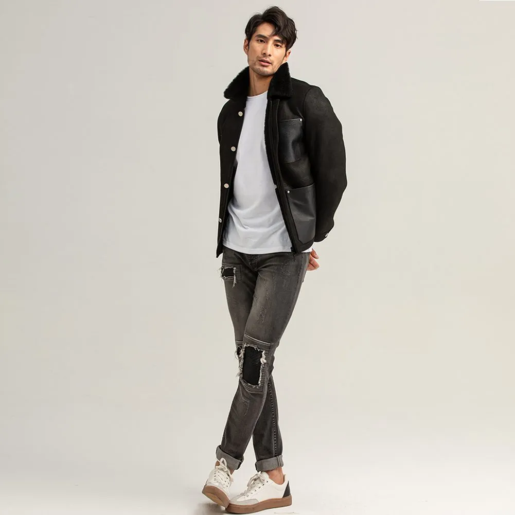 Men Black Shearling bomber Aviator Jacket