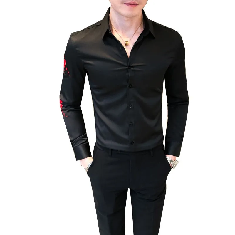 Men's Korean Fashion Polyester Embroidery Slim Fit Long Sleeve Shirt