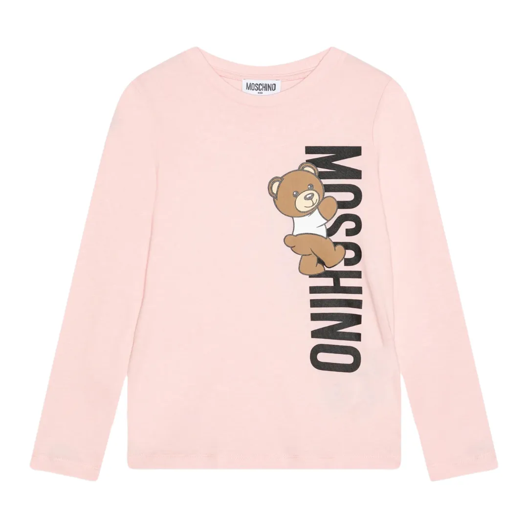 Moschino T-Shirt Long Sleeve Vertical Bear Logo Pale Pink