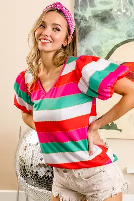 Multi Stripe Color Print Puff Sleeve V-Neck Top