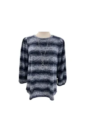 MULTIPLES NAVY 3/4 PUFF SLEEVE STRIPE KNIT TOP