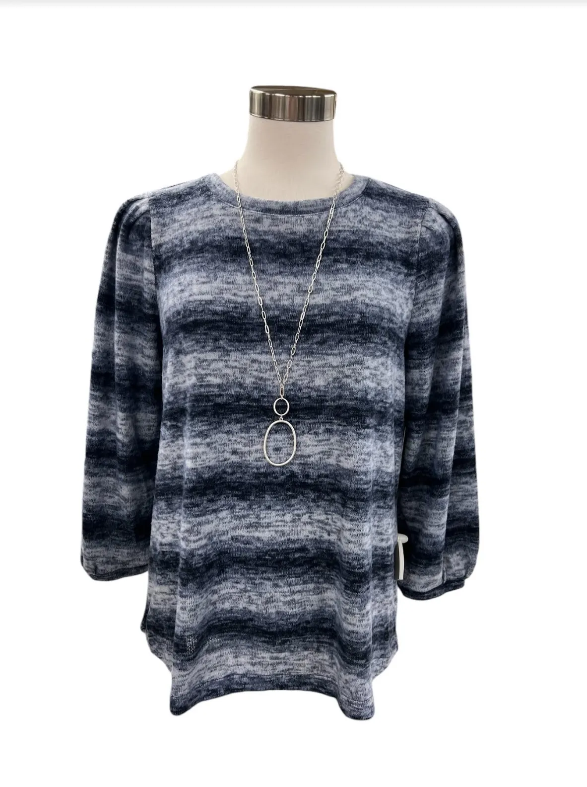 MULTIPLES NAVY 3/4 PUFF SLEEVE STRIPE KNIT TOP