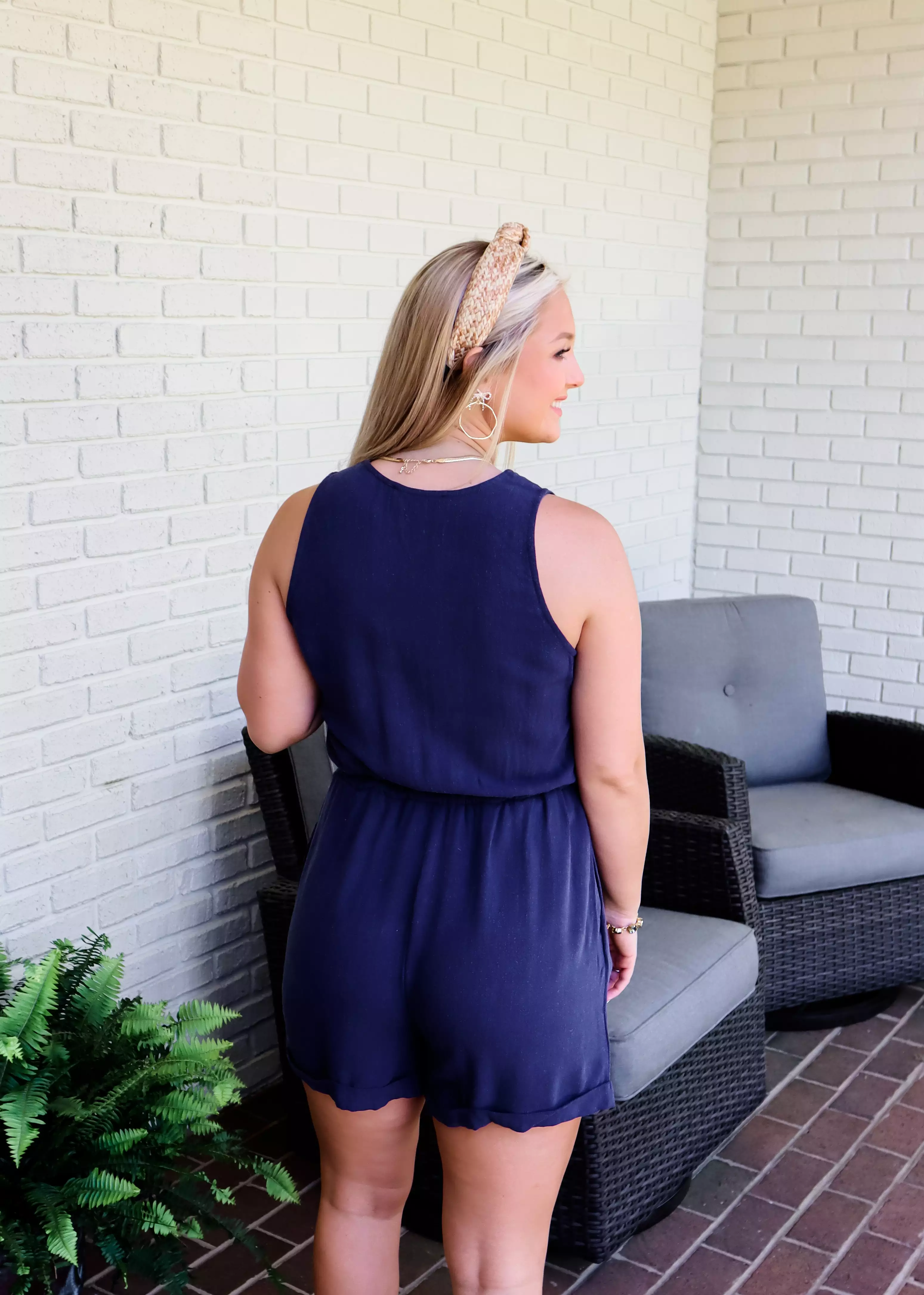 Navy Blue Button Front Romper