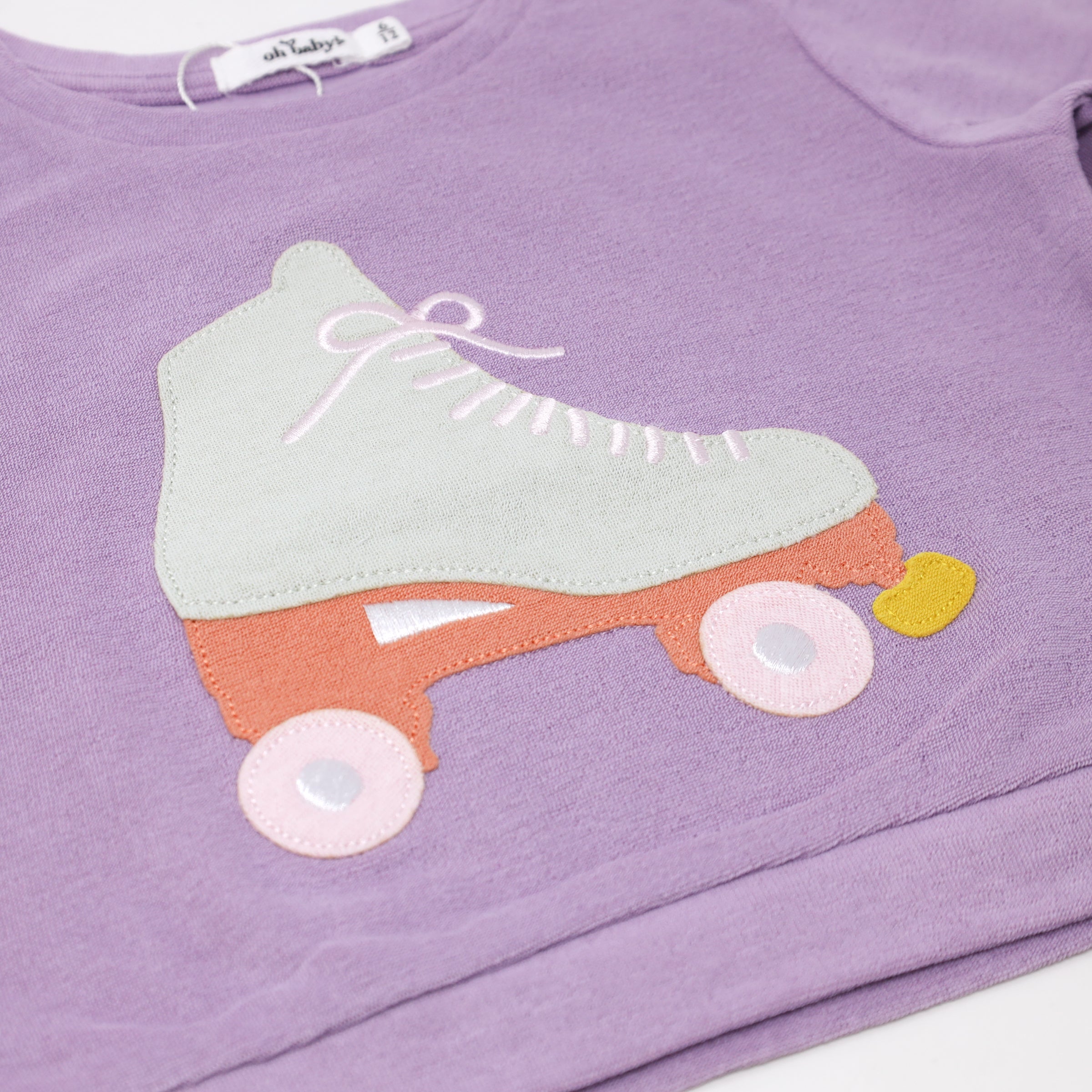 oh baby! Cotton Terry Puff Sleeve Boxy Sweatshirt - Roller Skate Applique - Lavender