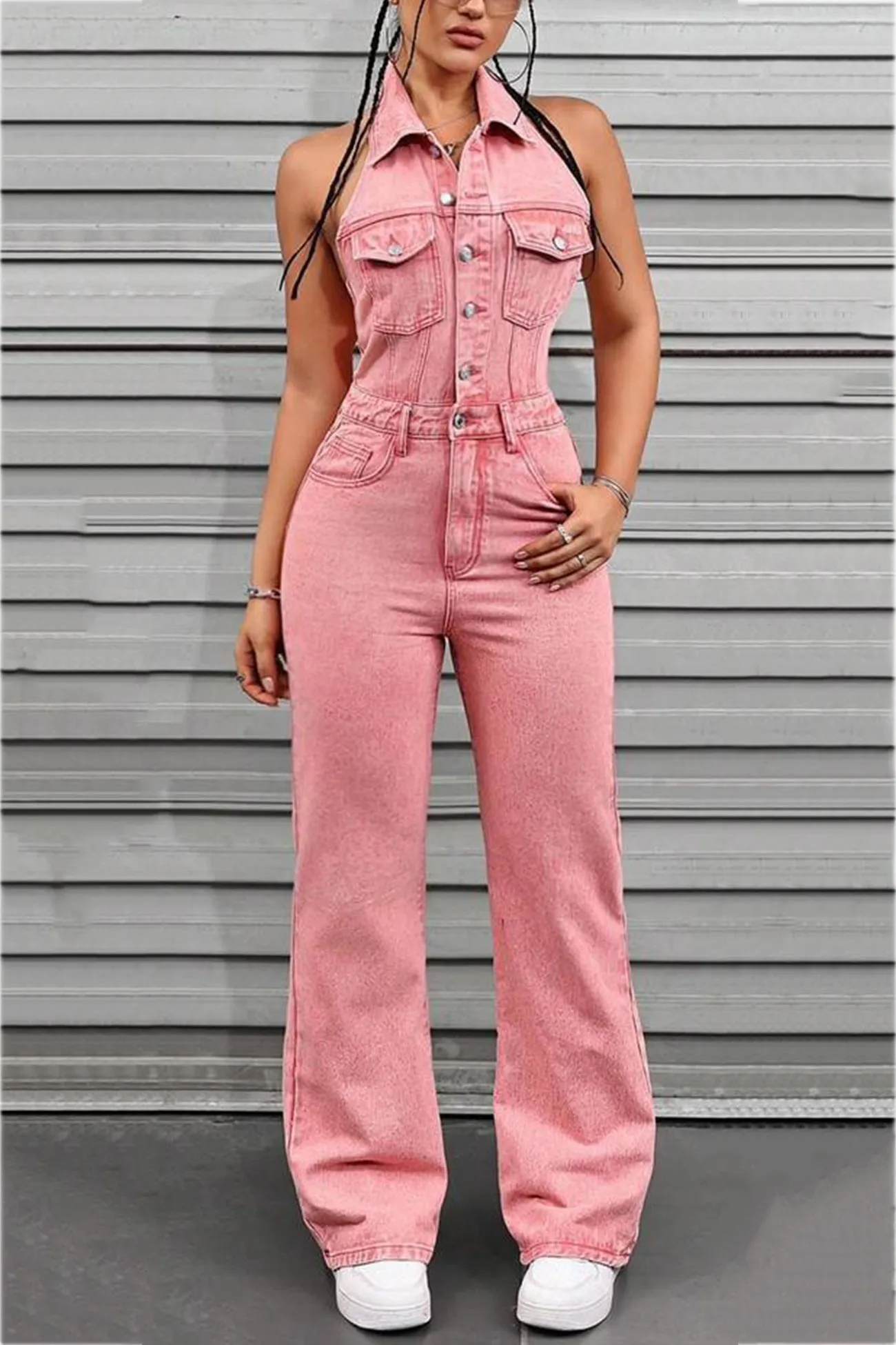 Pink Denim Backless Jumpsuits