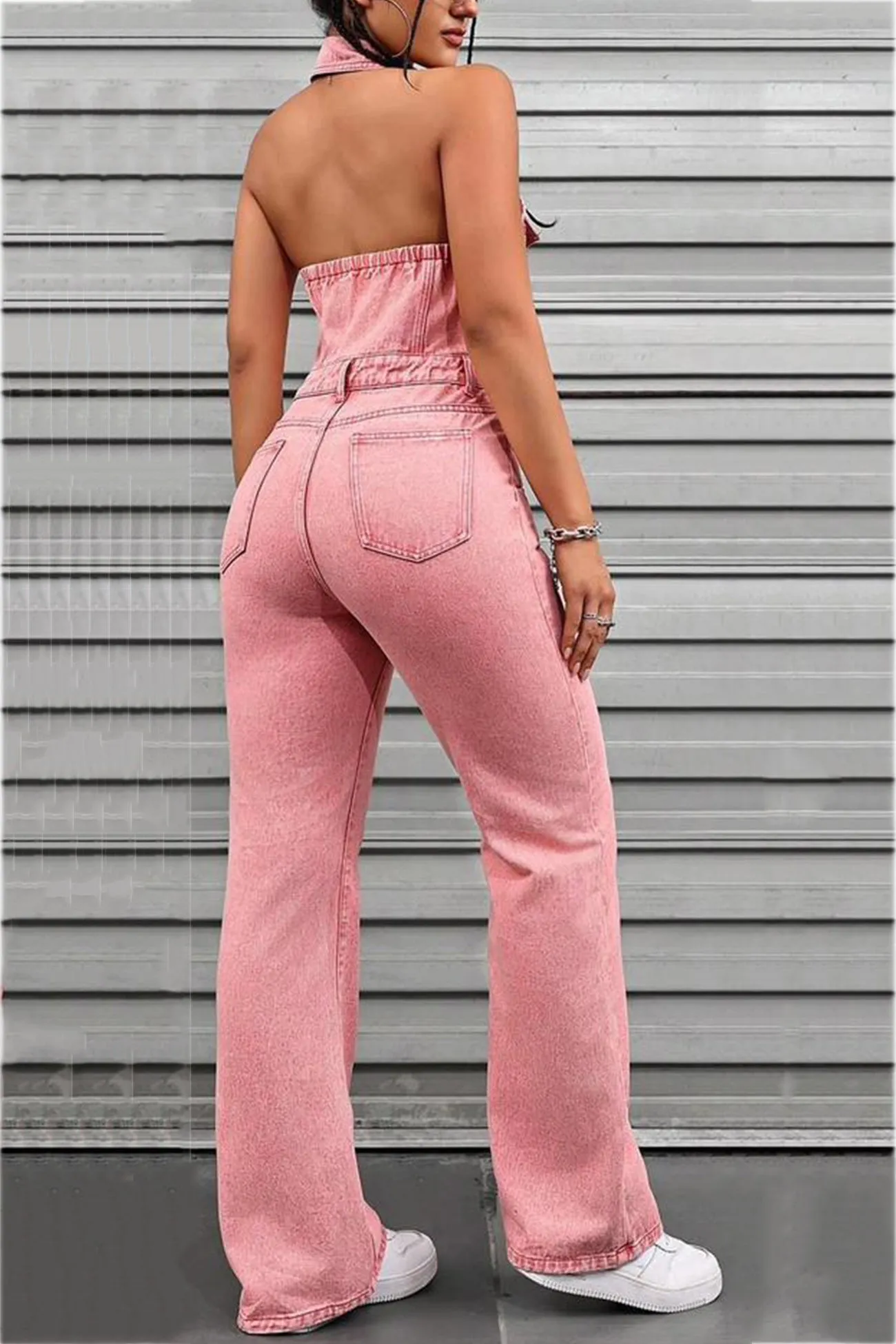 Pink Denim Backless Jumpsuits