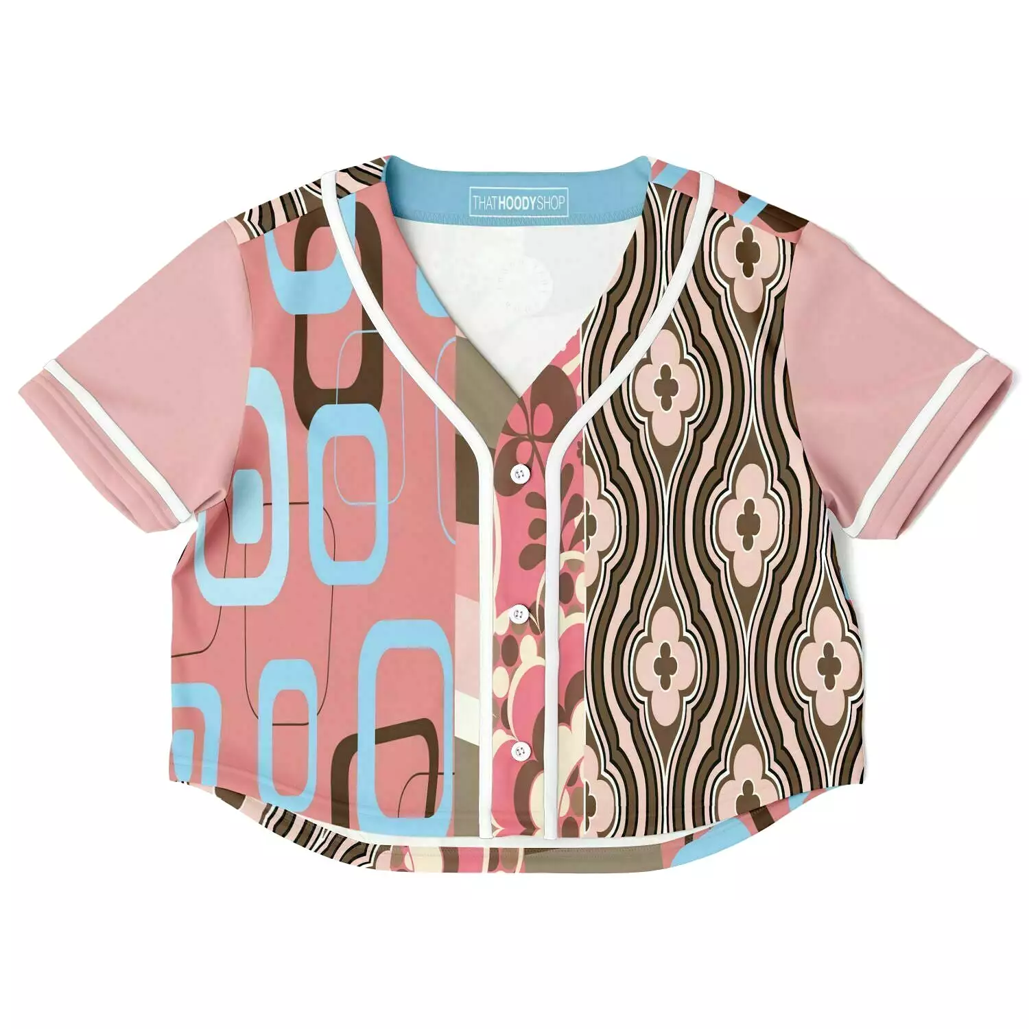 Pink Geo Patchwork Cropped Button Front Jersey