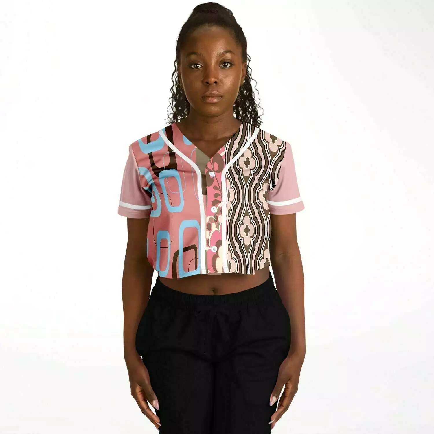 Pink Geo Patchwork Cropped Button Front Jersey