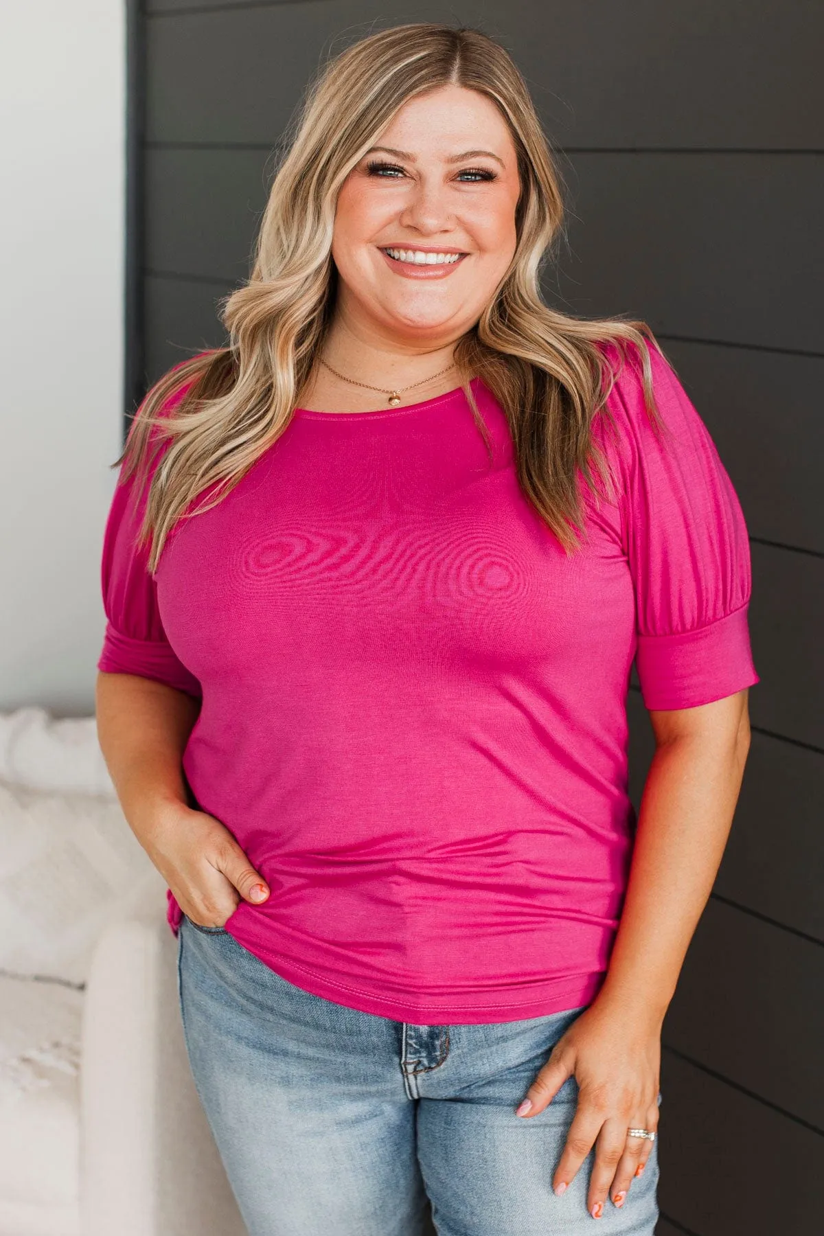 Please & Thanks Puff Sleeve Top- Fuchsia