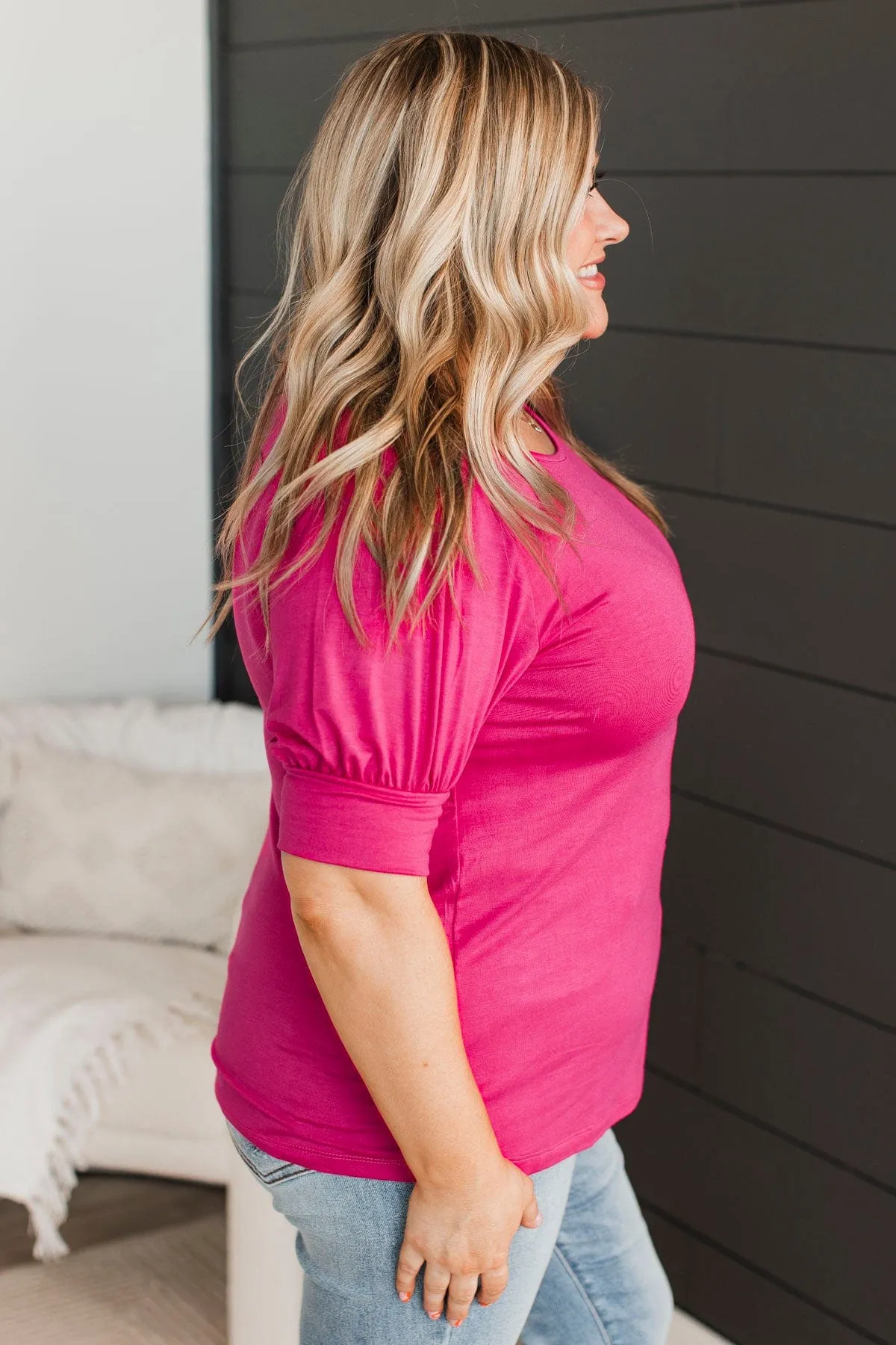 Please & Thanks Puff Sleeve Top- Fuchsia