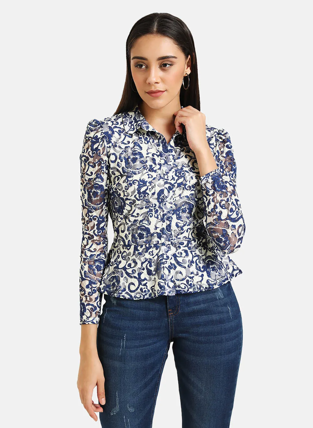 Print Peplum Lace Shirt