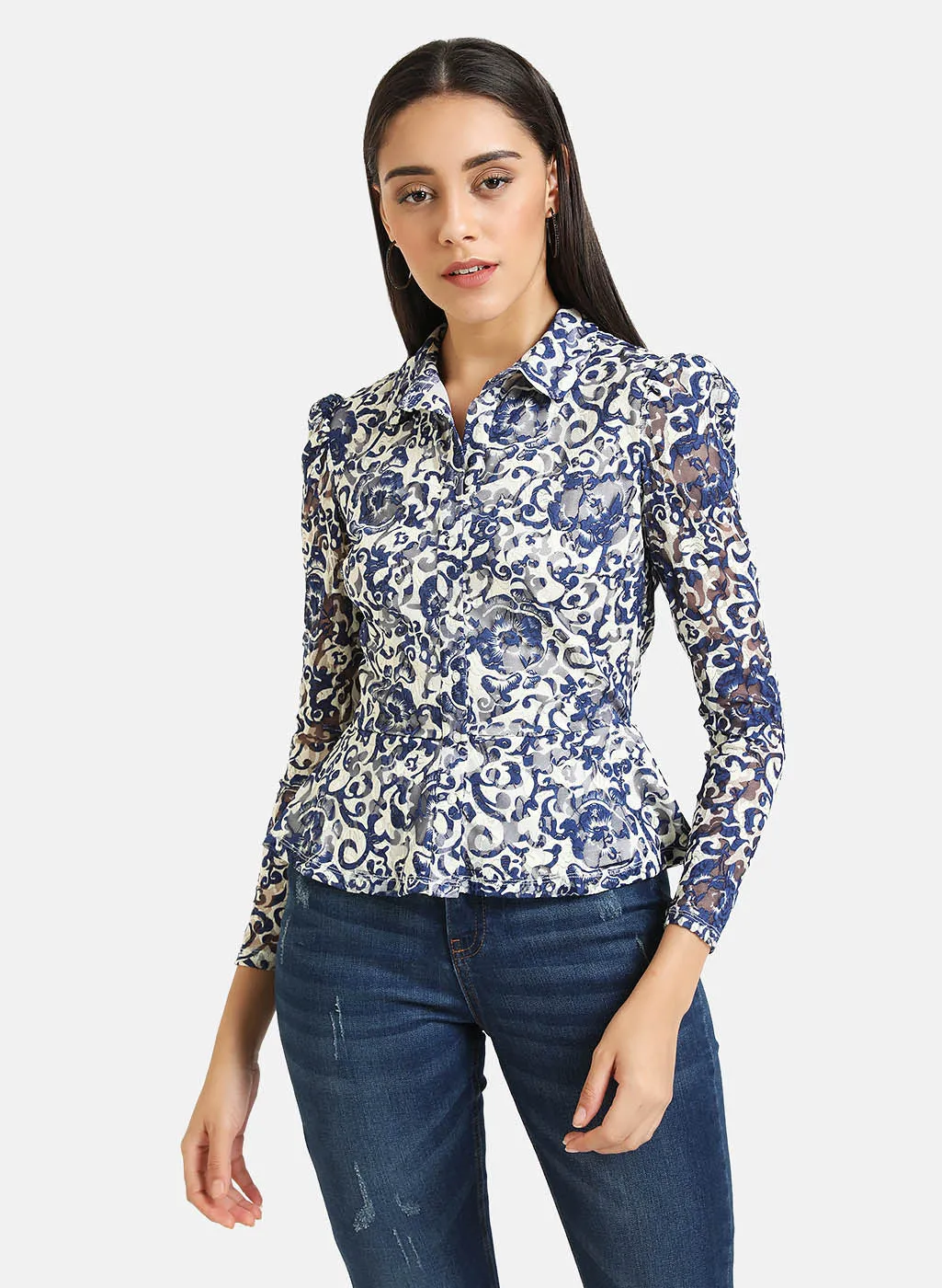 Print Peplum Lace Shirt