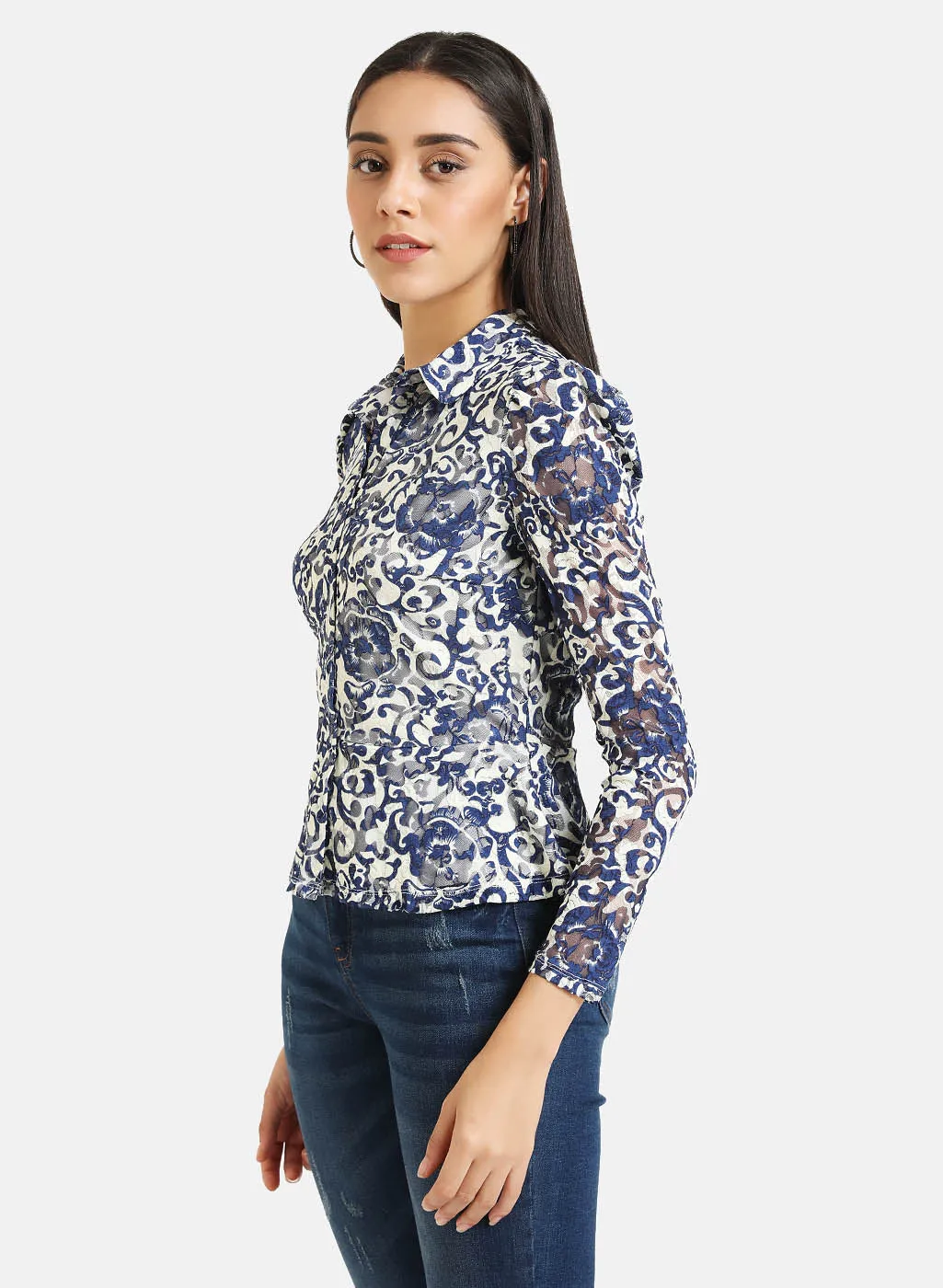 Print Peplum Lace Shirt