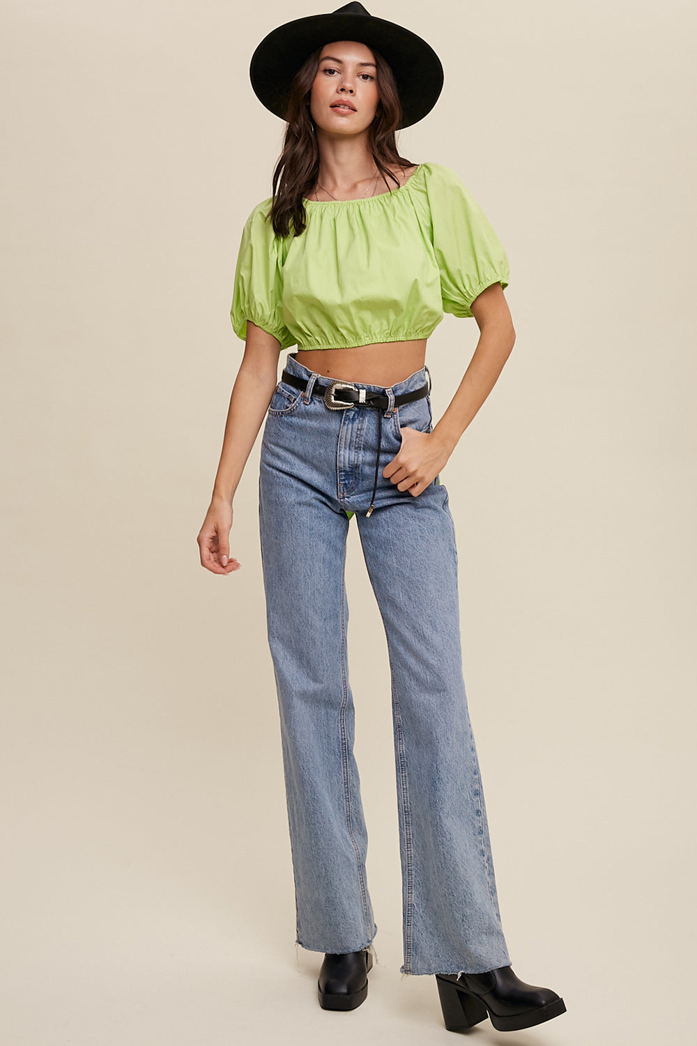 Puff Sleeve Back Tie Crop Top