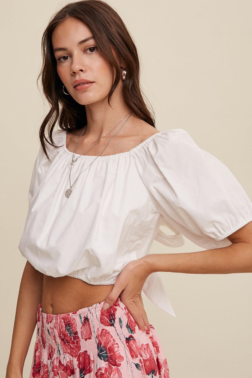 Puff Sleeve Back Tie Crop Top