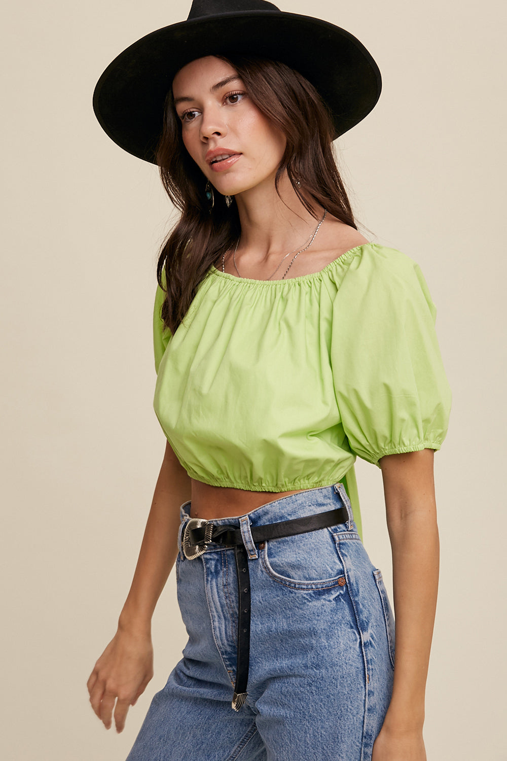 Puff Sleeve Back Tie Crop Top