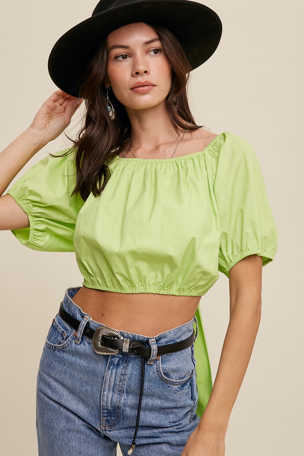 Puff Sleeve Back Tie Crop Top