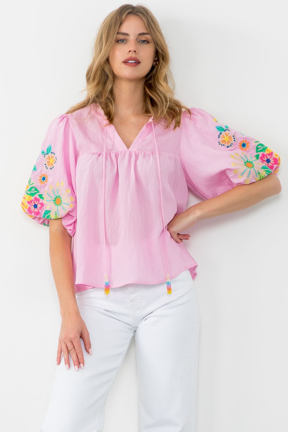 Puff Sleeve Embroidered Tassel Tie Top