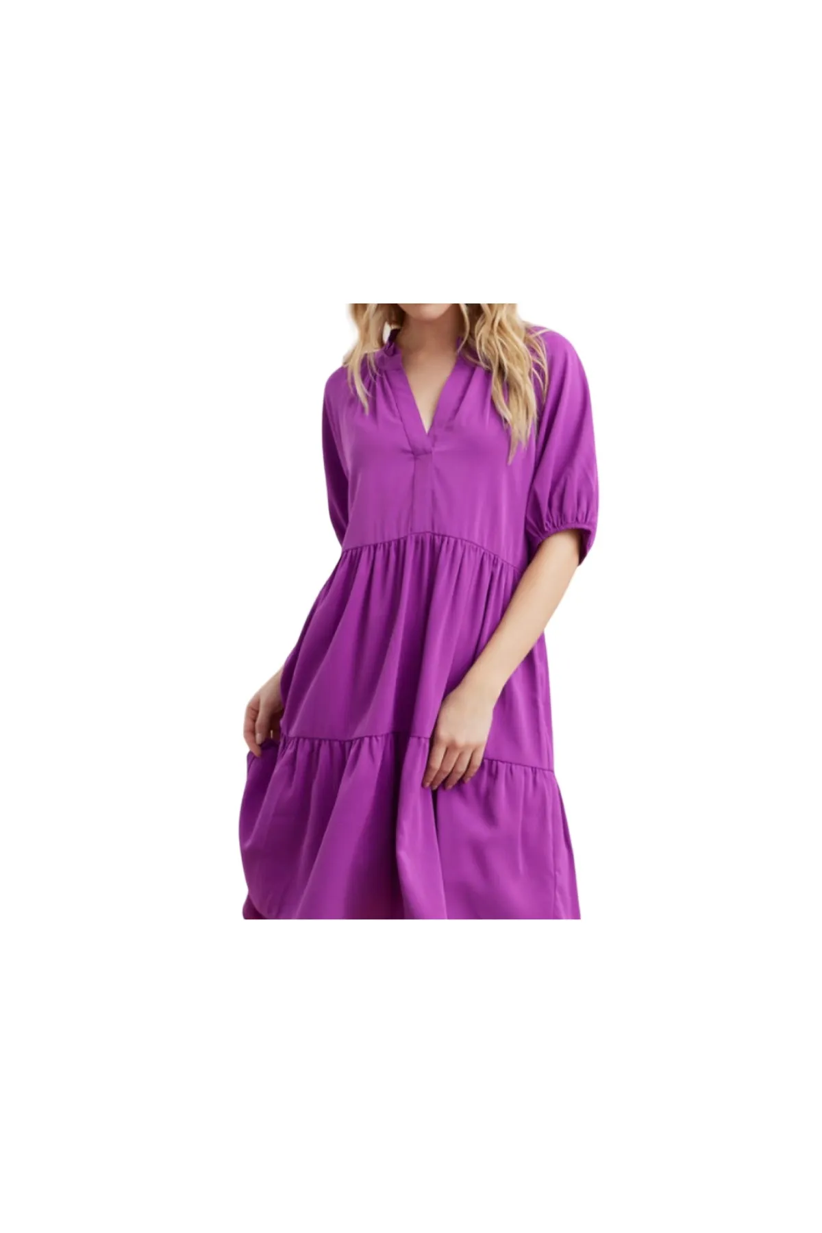 PUFF SLEEVE V-NECK TIERED DRESS