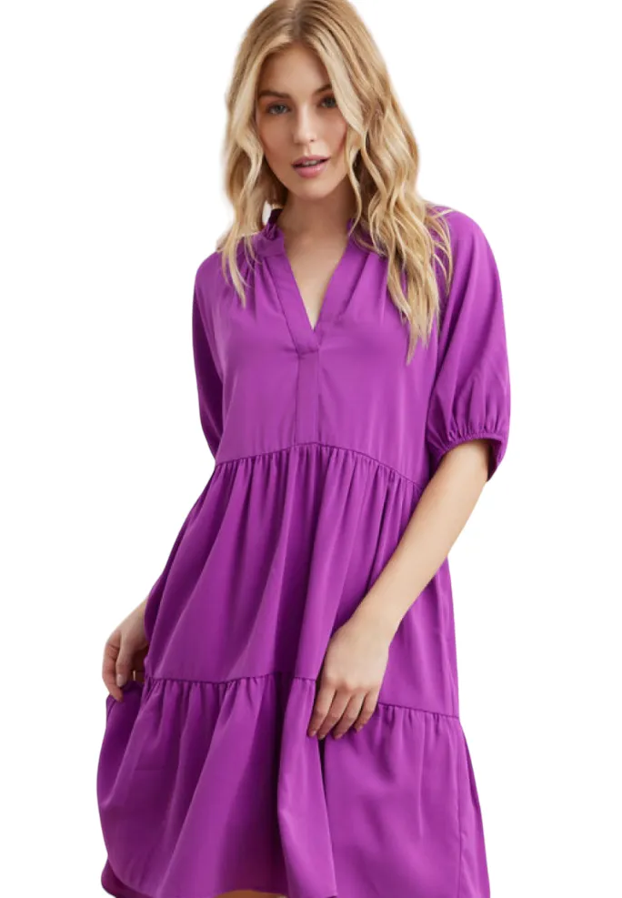 PUFF SLEEVE V-NECK TIERED DRESS