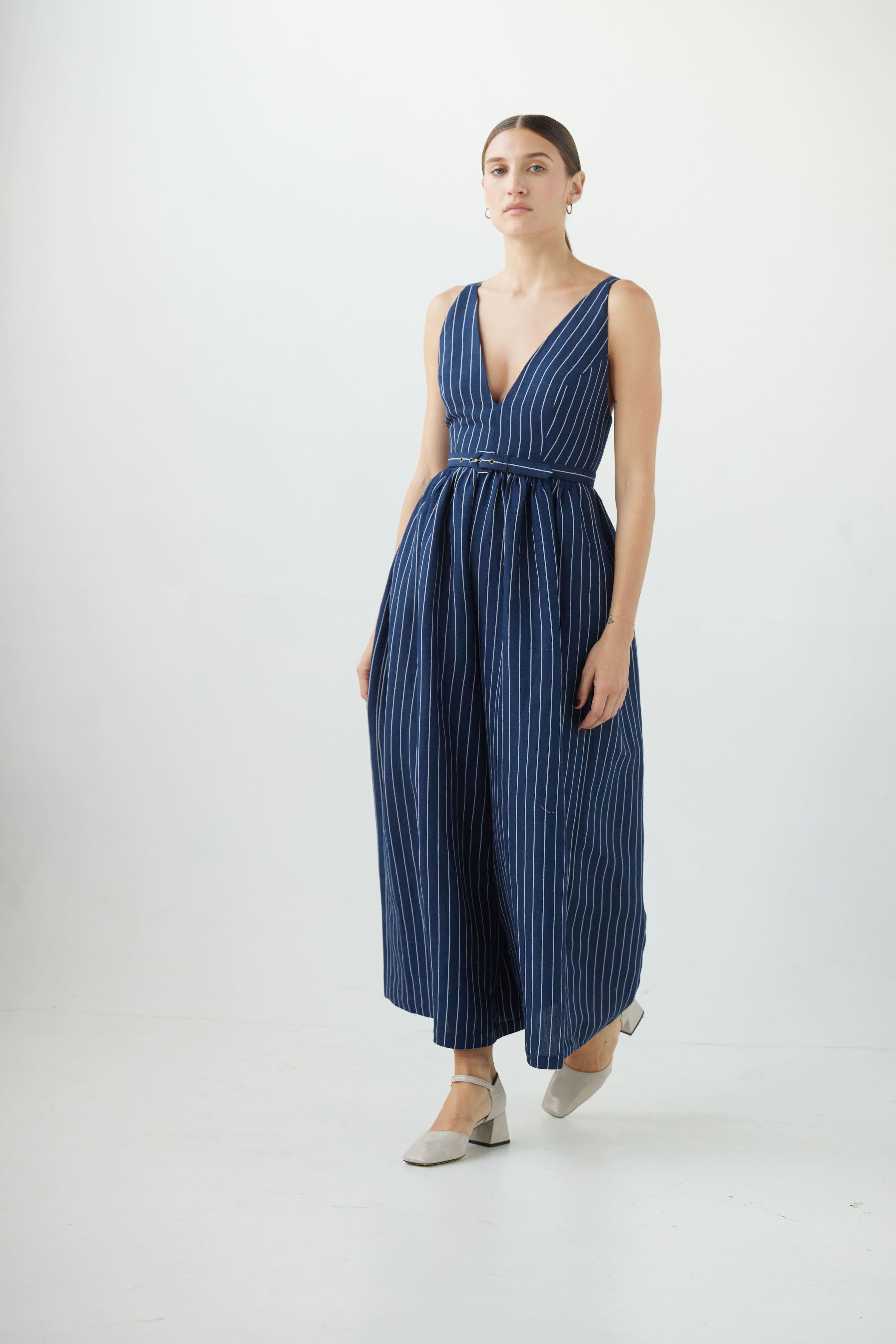 Quynh Jumpsuit in Linen Midnight Stripe