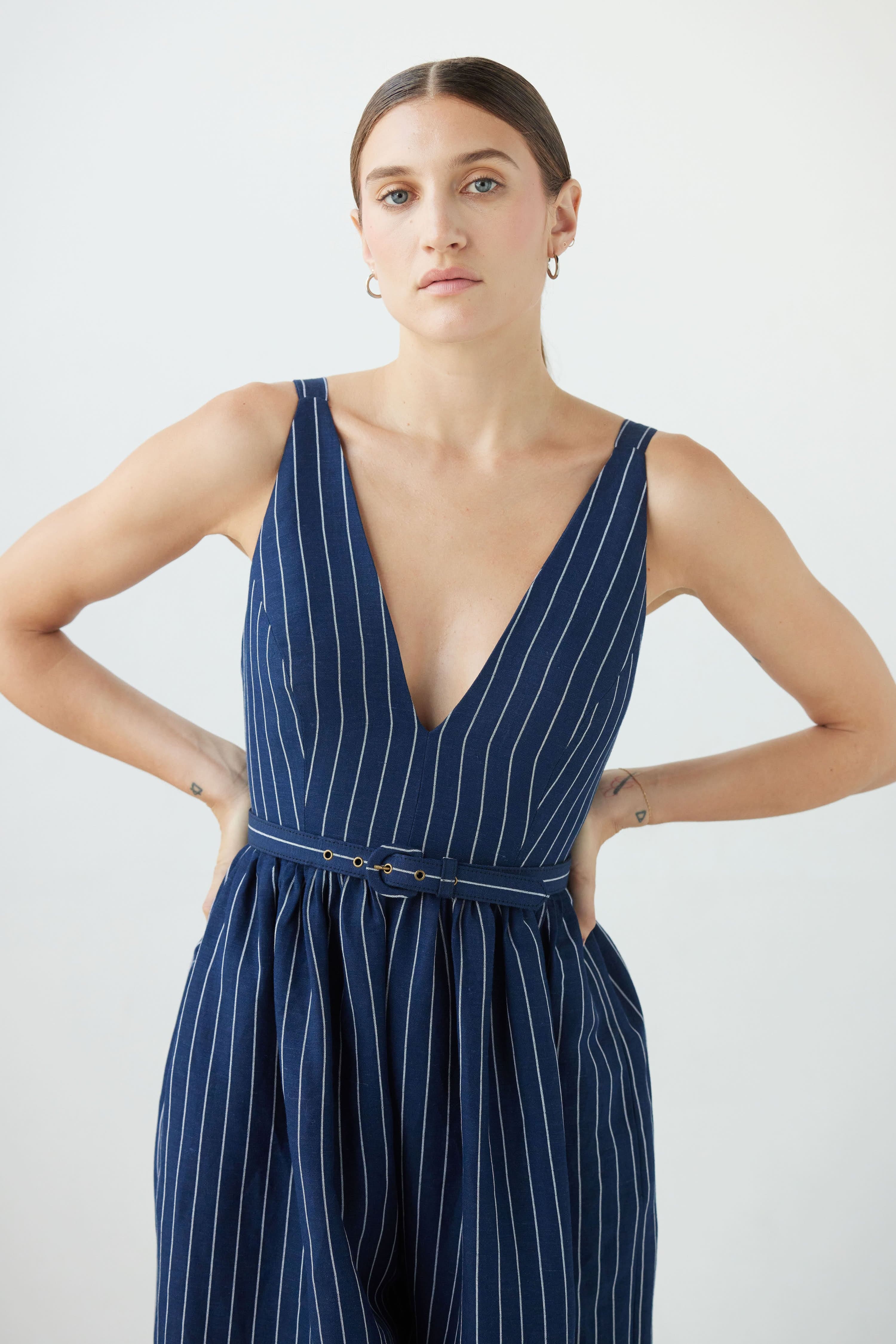 Quynh Jumpsuit in Linen Midnight Stripe