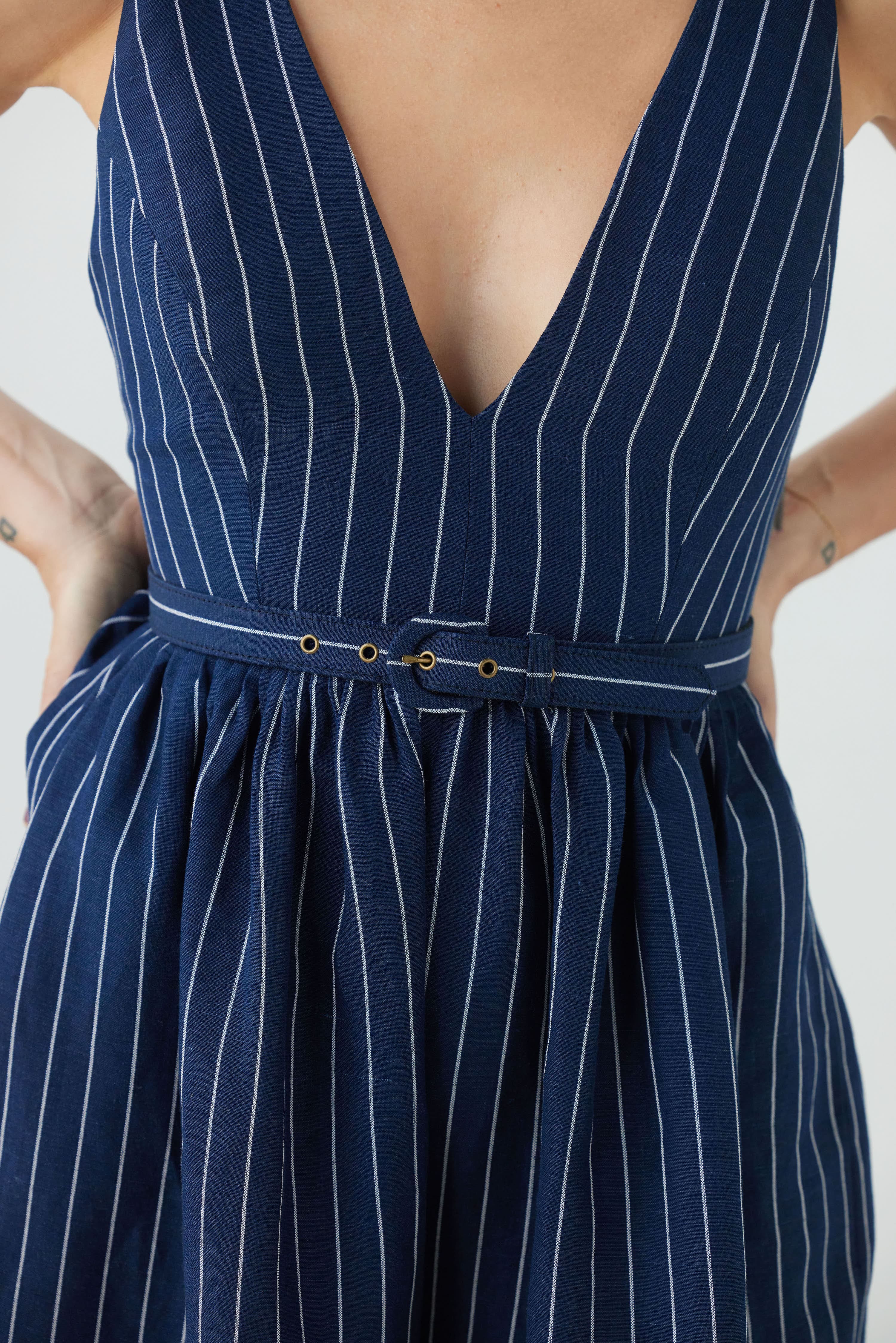 Quynh Jumpsuit in Linen Midnight Stripe