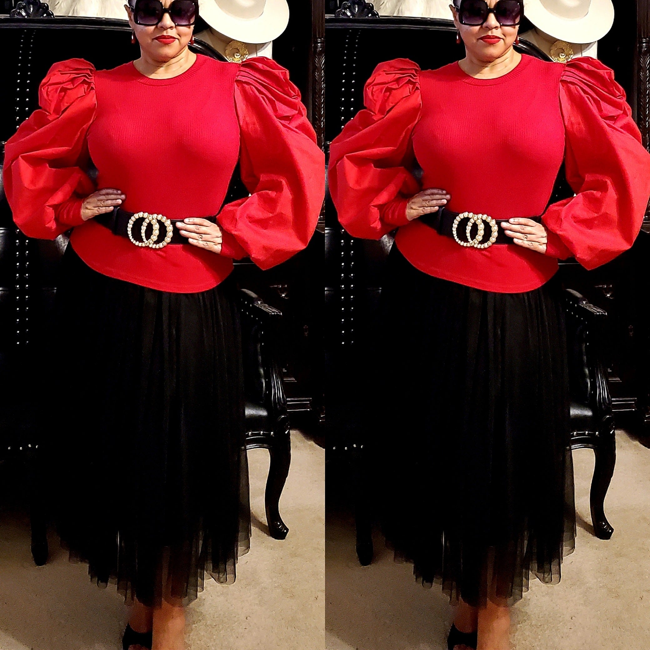 Red Fitted Puff Sleeve Top