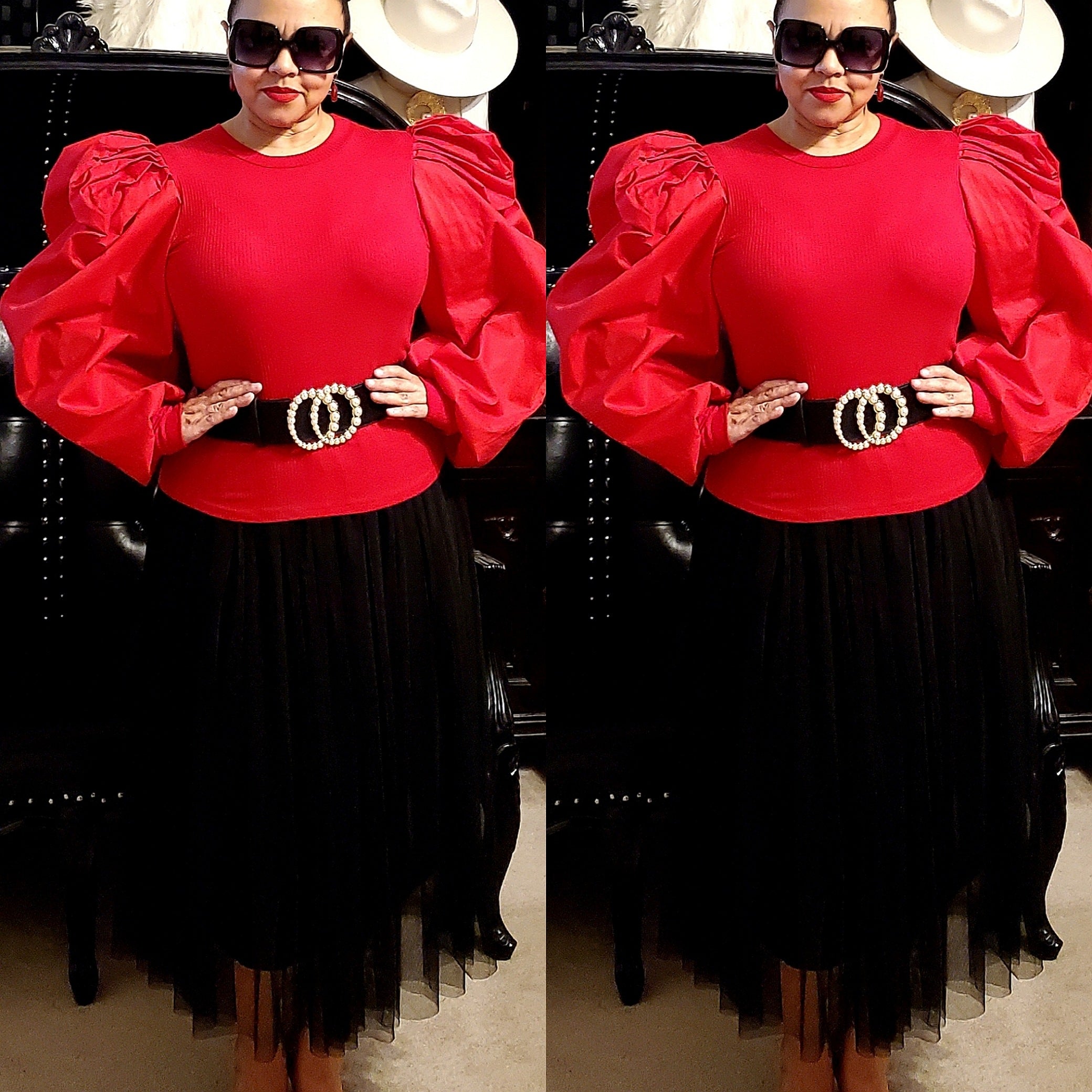 Red Fitted Puff Sleeve Top