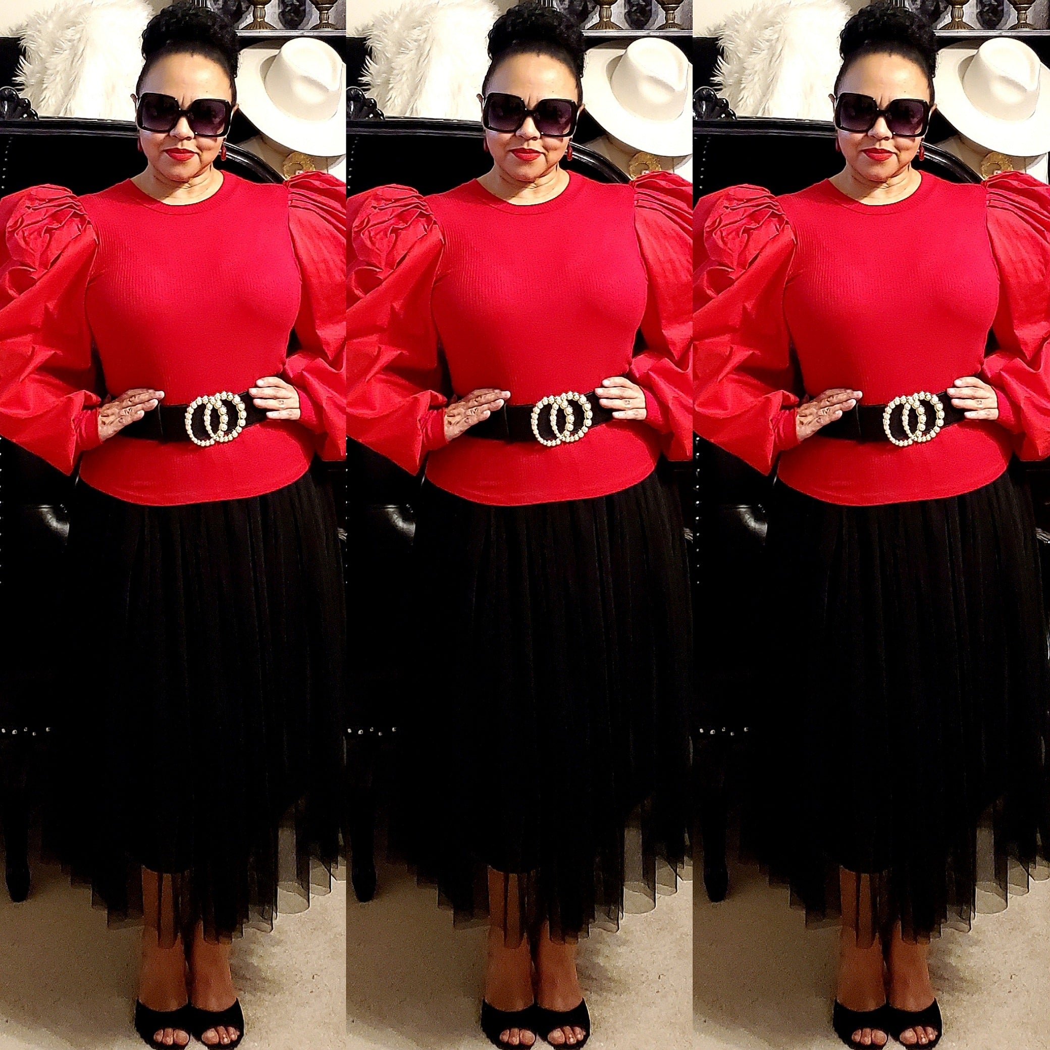 Red Fitted Puff Sleeve Top