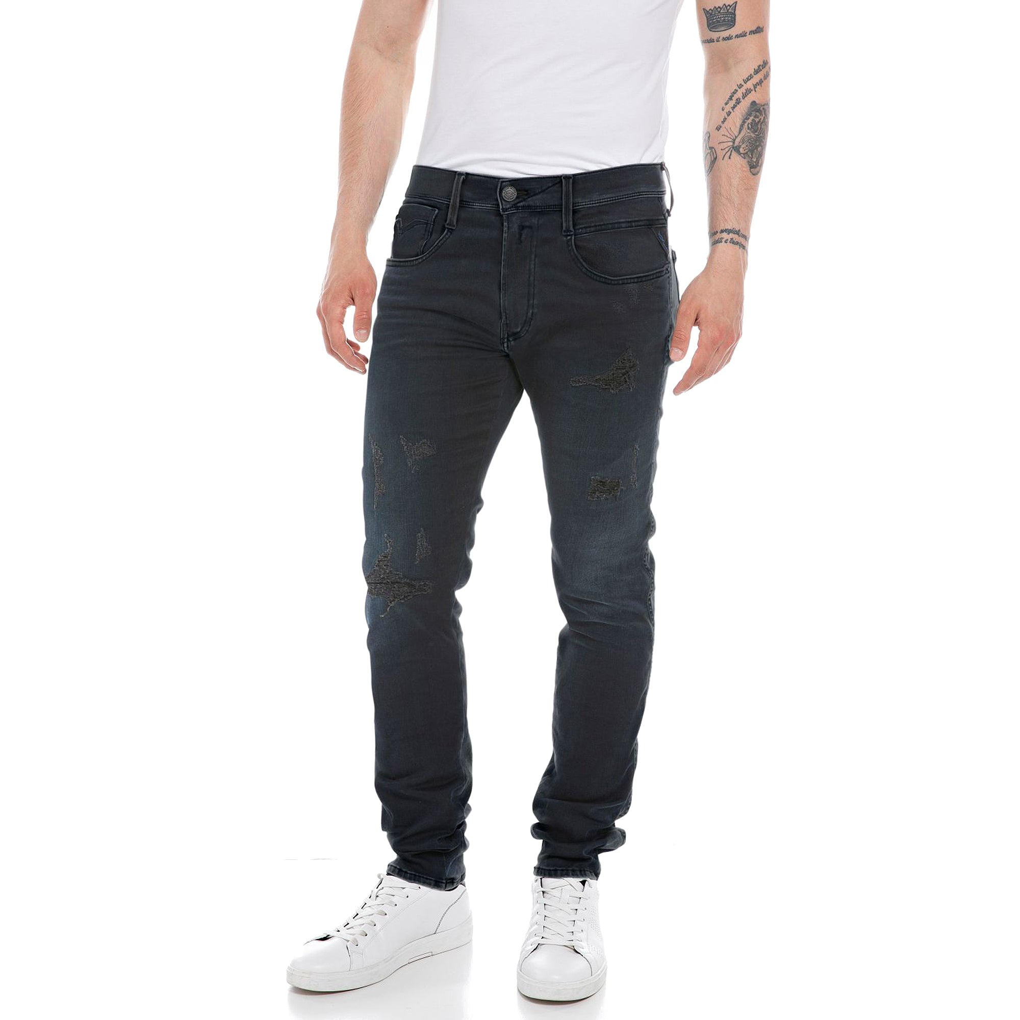 Replay Hyperflex X-Lite Anbass Slim Fit Jeans - Ocean Dark Broken & Repaired