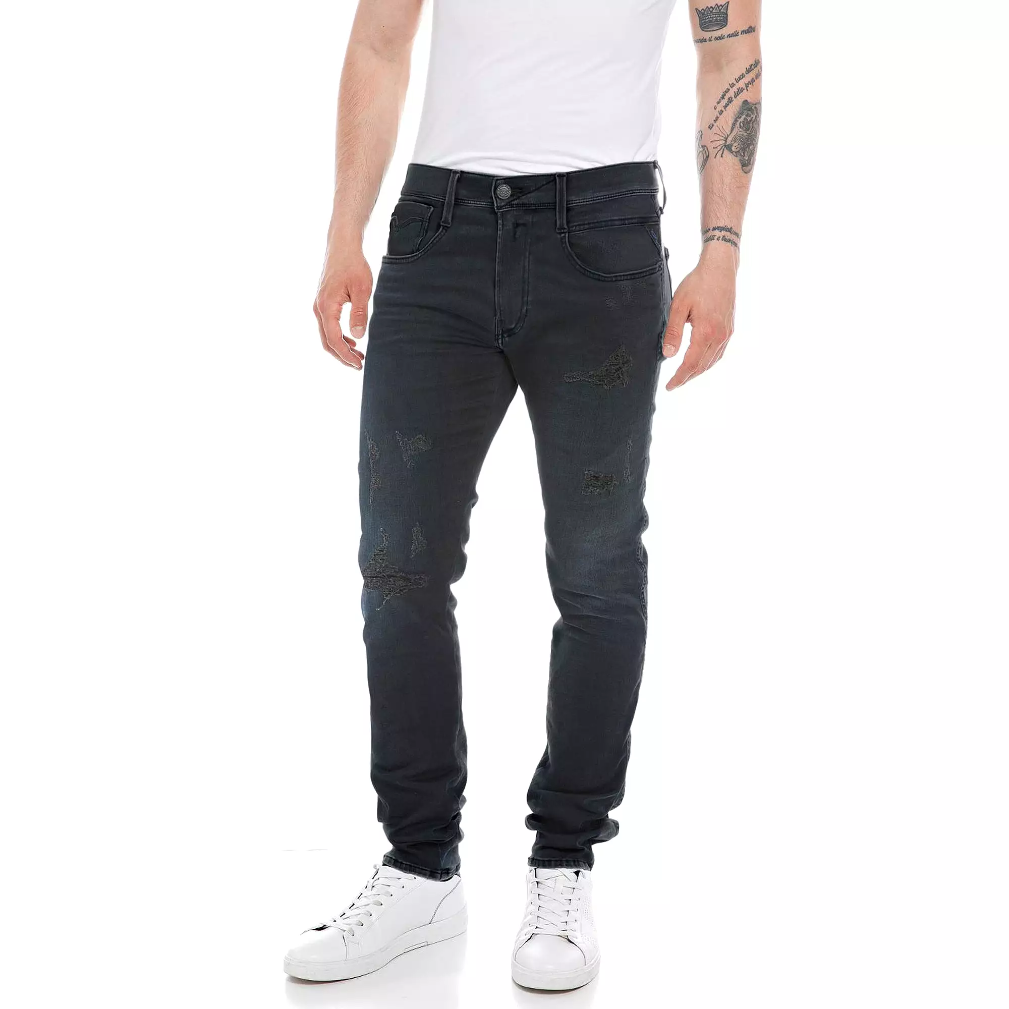 Replay Hyperflex X-Lite Anbass Slim Fit Jeans - Ocean Dark Broken & Repaired