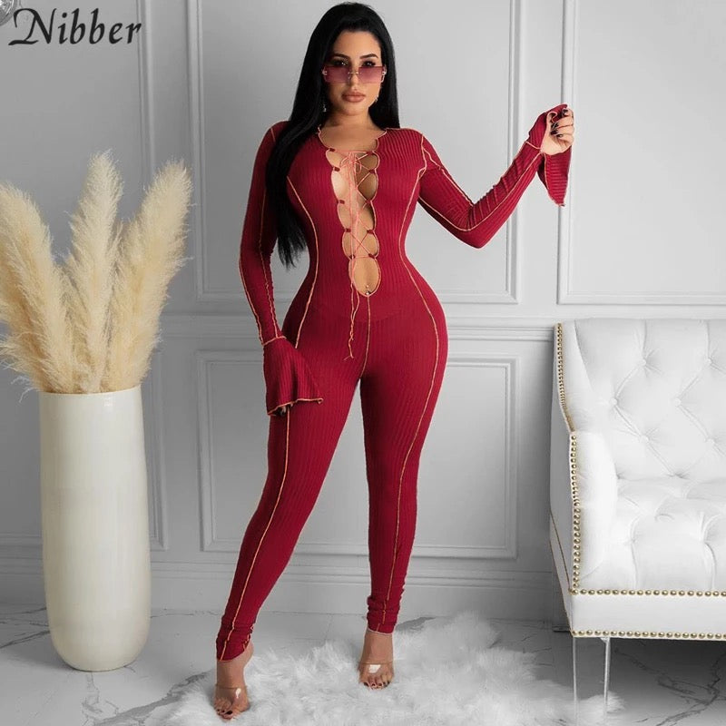 Sexy Lace Up V-neck Flared Sleeves Jumpsuits