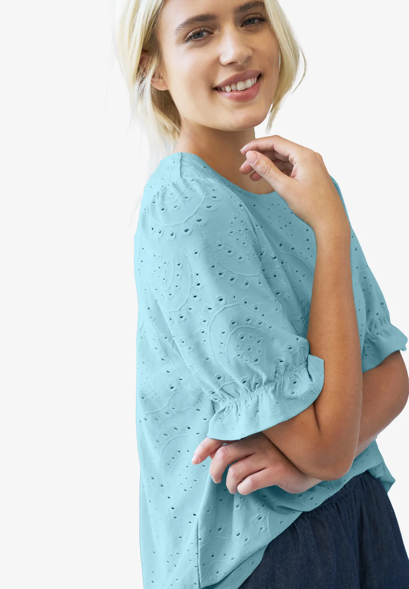 Short Puff Sleeve Eyelet Tee