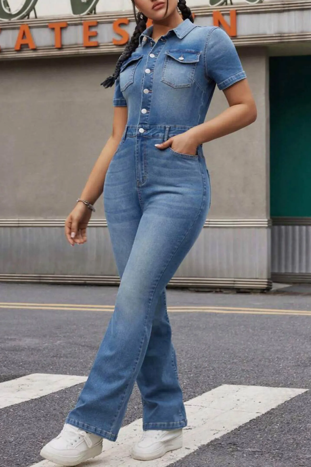 Short Sleeve High Waist Denim Jumpsuits