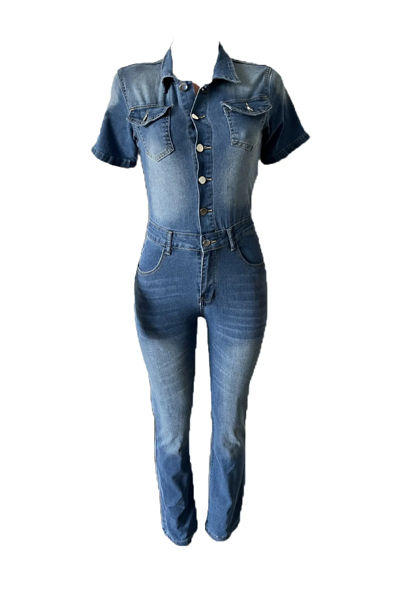 Short Sleeve High Waist Denim Jumpsuits