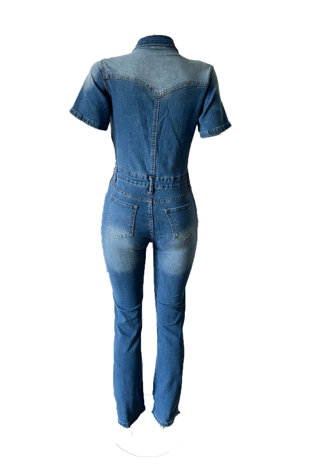 Short Sleeve High Waist Denim Jumpsuits