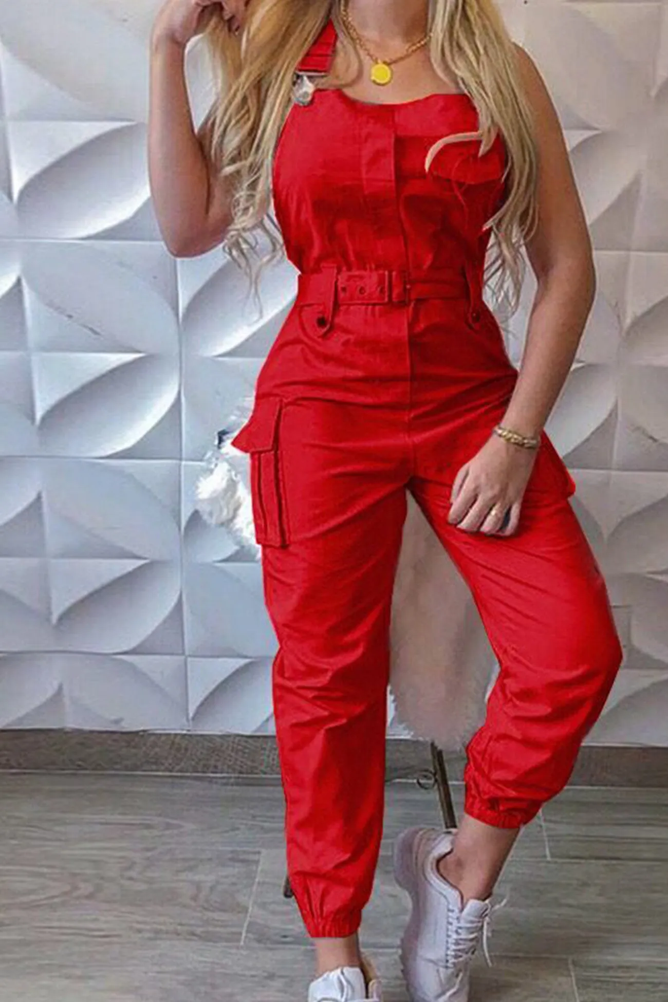 Solid Sleeveless Belted Cargo Jumpsuits