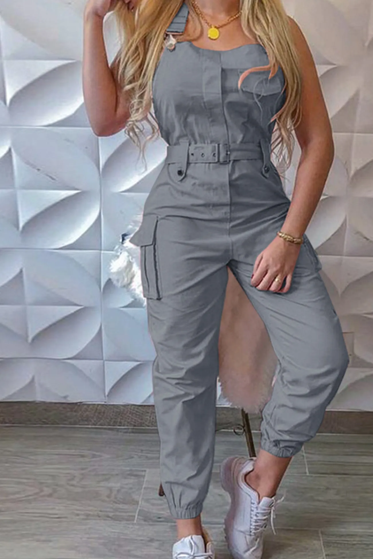 Solid Sleeveless Belted Cargo Jumpsuits