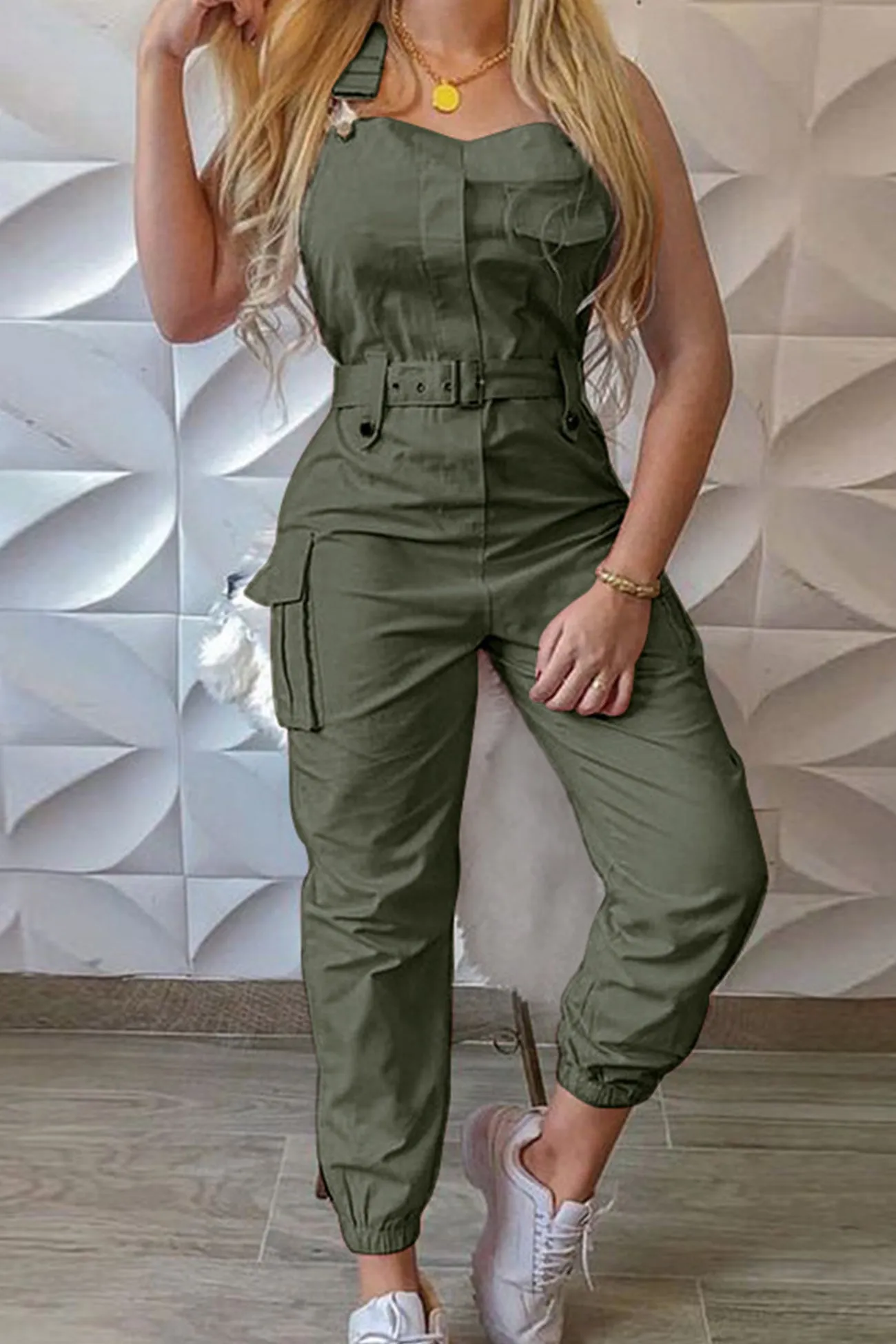 Solid Sleeveless Belted Cargo Jumpsuits