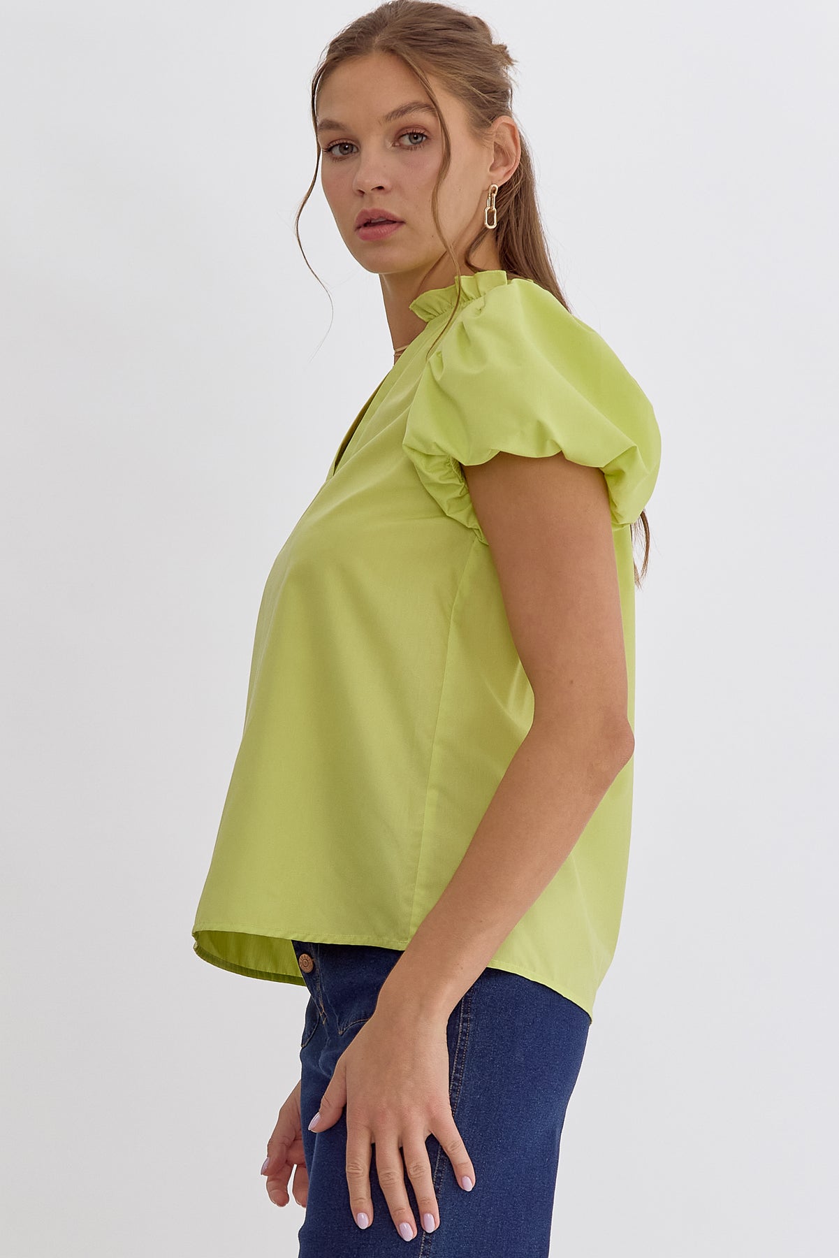 Solid V-Neck Short Puff Sleeve Top