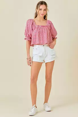 Square Neck Puff Sleeve Gingham Top