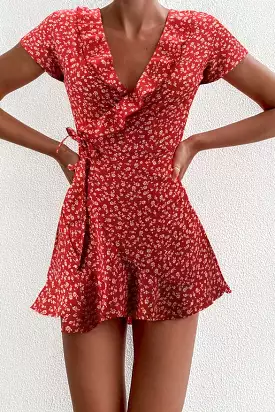 Summer Women’s Floal A-Line Dress Sweet Elegant Floral Ruffles V-neck Bandage Short Dress for Lady Chic Flowers Mini Dress