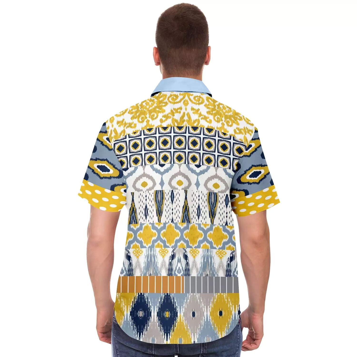 Tallulah Bankhead Yellow Ikat Patchwork Short Sleeve Button Down Shirt