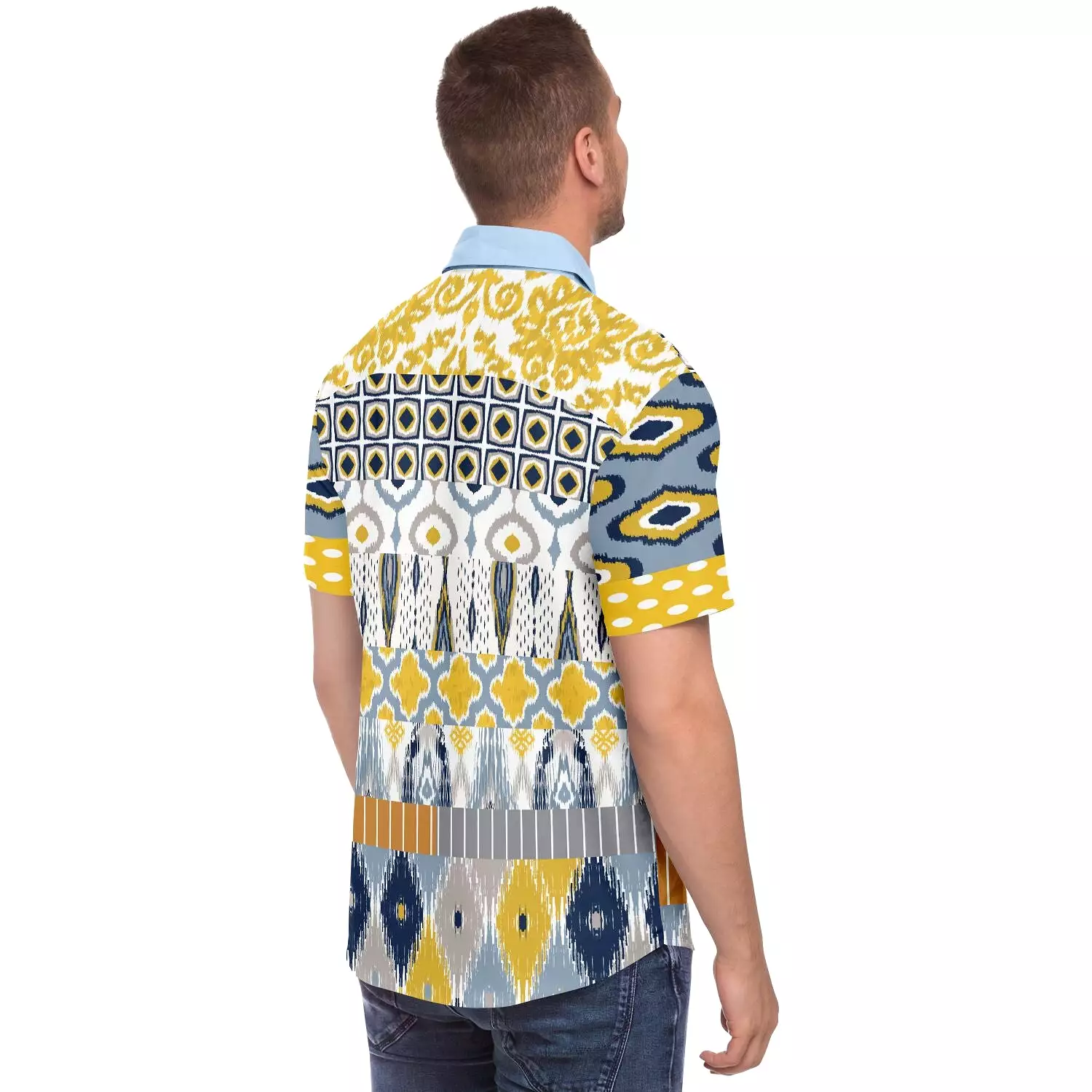 Tallulah Bankhead Yellow Ikat Patchwork Short Sleeve Button Down Shirt