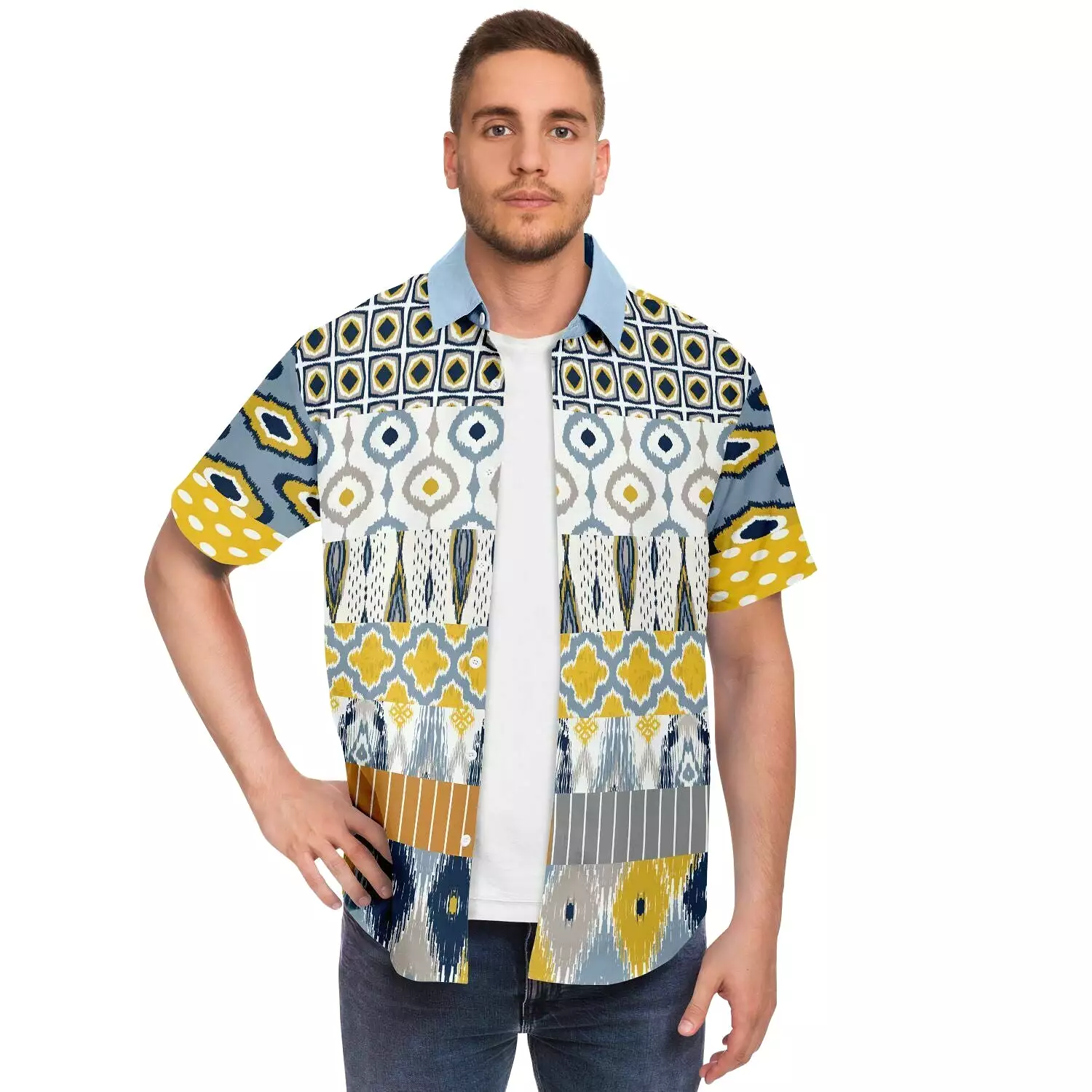 Tallulah Bankhead Yellow Ikat Patchwork Short Sleeve Button Down Shirt