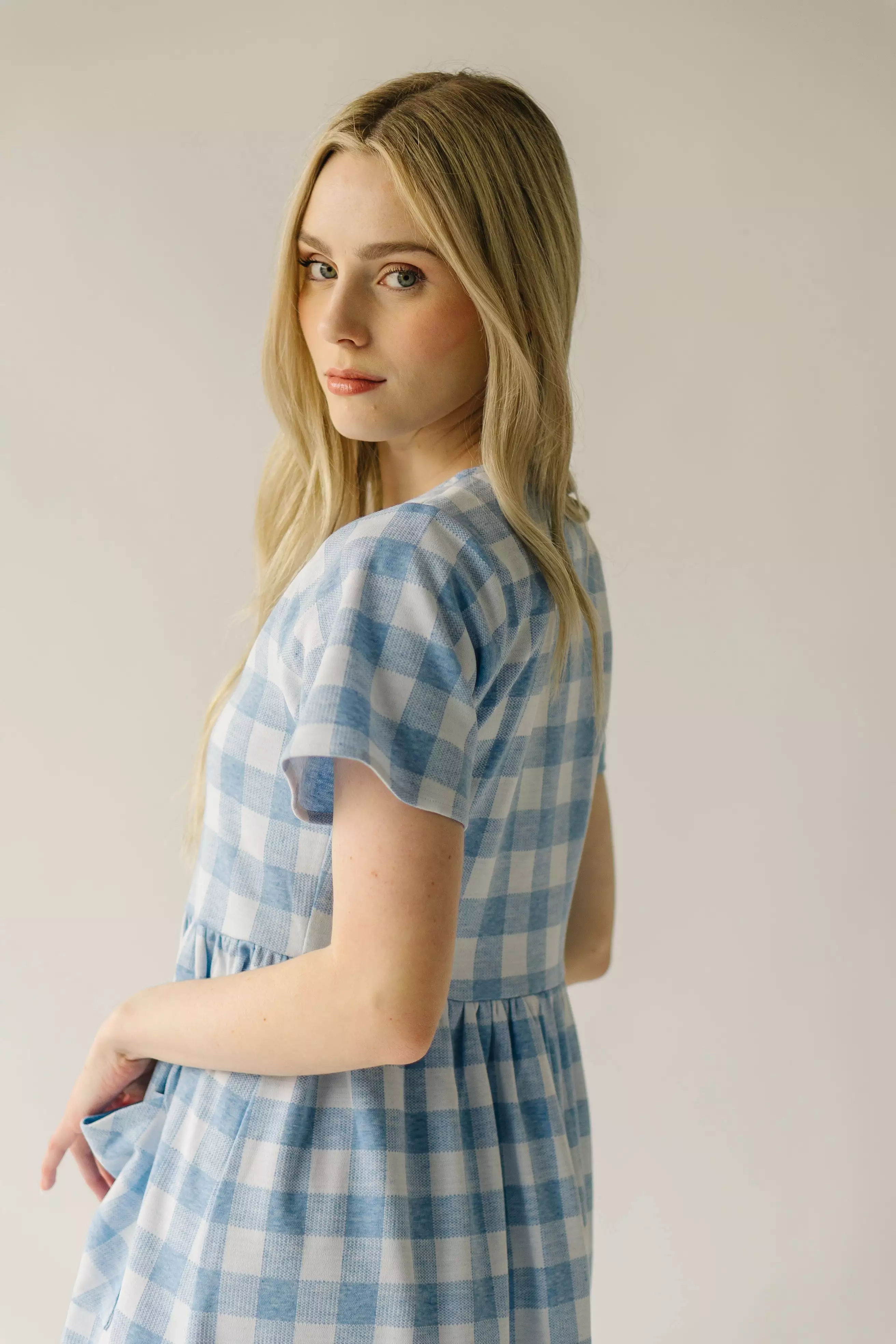 The Boice Button Front Gingham Dress in Blue Mutli