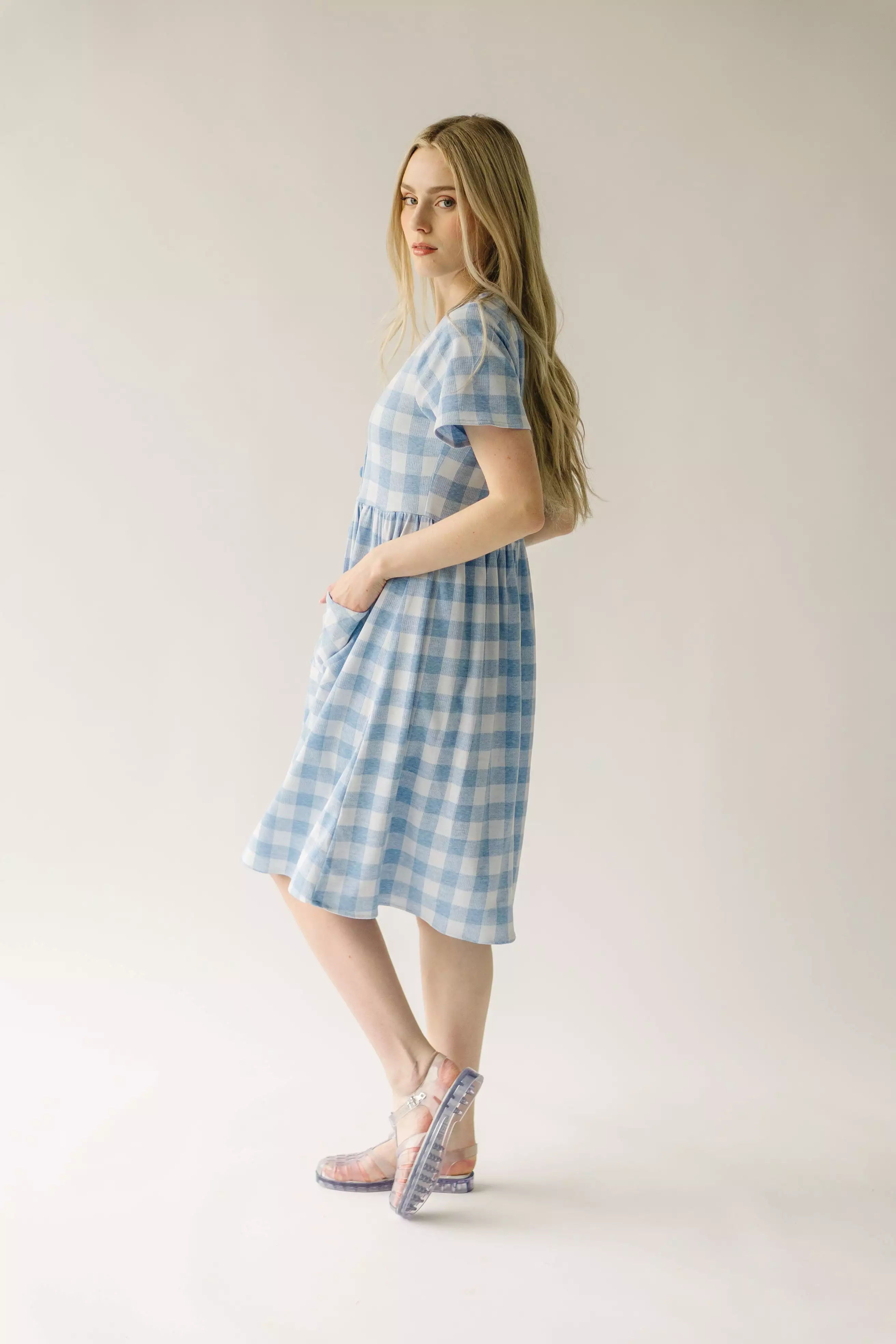 The Boice Button Front Gingham Dress in Blue Mutli